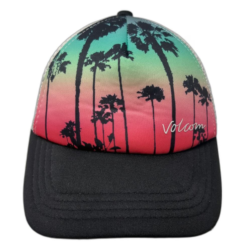 Volcom Trucker Hat One Size Black Blue Pink Palm Tree Sunset Mesh Snapback
